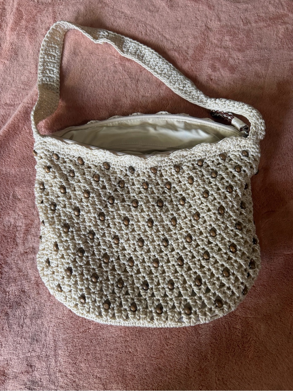 The Sak Cream Crochet Hobo Bag with Wood Bead Accents